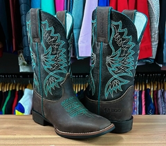 BOTA TEXANA FEMININA DURANGO COURO CANO PRETO BORDADO VERDE