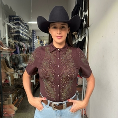 BODY MARROM MINUTY TODO EM PEDRARIA FURTA COR MANGA CURTA