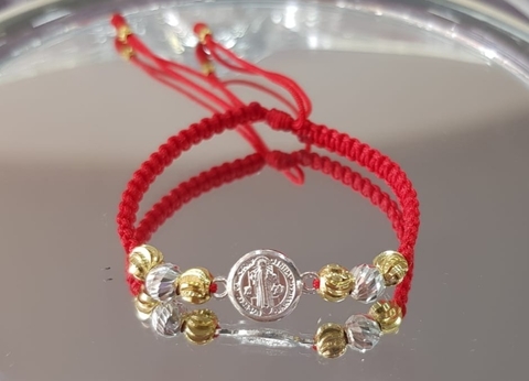 PULSERA PLATA Y ORO LAMINADO 18K - Balín #5 dije San Benito pequeño