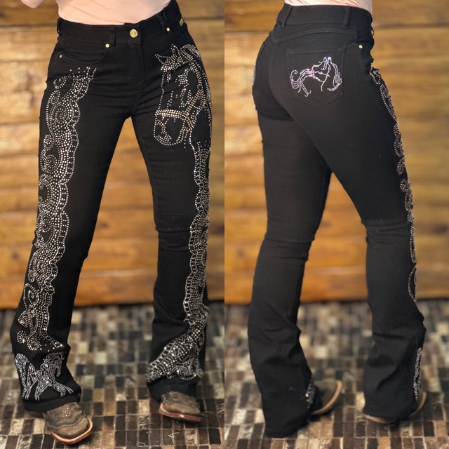 CALÇA BILL WAY FEM FLARE PRETA COM BRILHO - 704