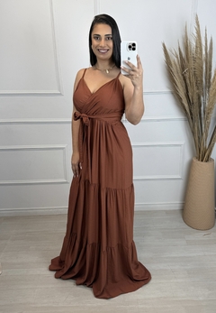 Vestido Longo Transpassado Crepinho Marrom - loja online