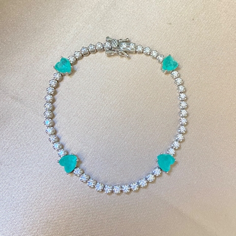 PULSEIRA RIVIERA PRATA 925 C/ 4 PEDRAS DE CORAÇÃO ESMERALDA COLOMBIANA