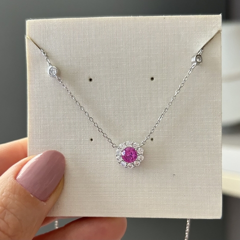 COLAR PRATA 925 REDONDO BORDA CRAVEJADA PEDRA CENTRAL\ PINK