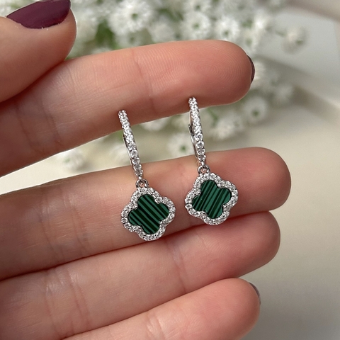 ARGOLA PRATA 925 / TREVO PENDURADA COM BORDA CRAVEJADA \PEDRA MALAQUITA