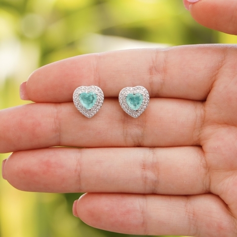 BRINCO PRATA 925 CORAÇÃO/ 2 FILEIRAS CRAVEJADAS/ ESMERALDA COLOMBIANA