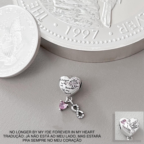 BERLOQUE PASSADOR CORAÇÃO DESENHO CACHORRO COM ASAS E ZIRCÔNIA ROSA PRATA 925