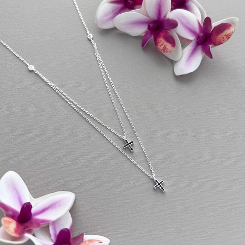 COLAR 2 VOLTAS COM DUAS CRUZES DE ZIRCÔNIAS PRETAS 45CM PRATA 925
