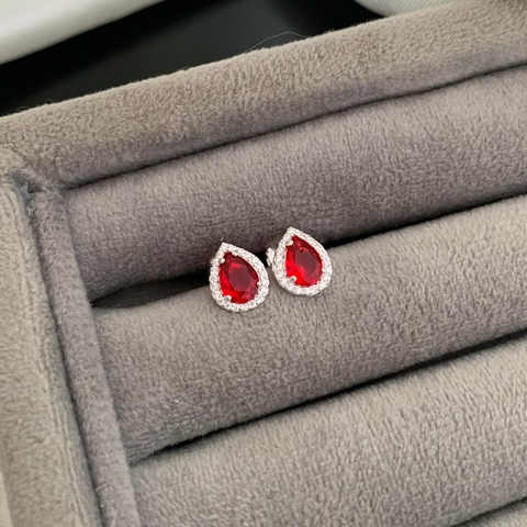 Brinco Gota Cravejada Vermelho Prata 925