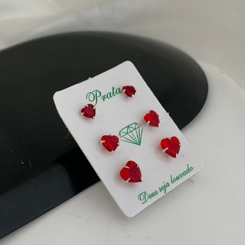 Trio Zircônia Coração Vermelho Prata 925