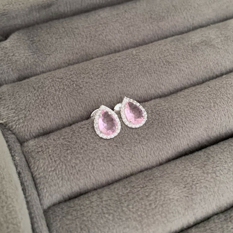 Brinco Gota Cravejada Rosa Prata 925