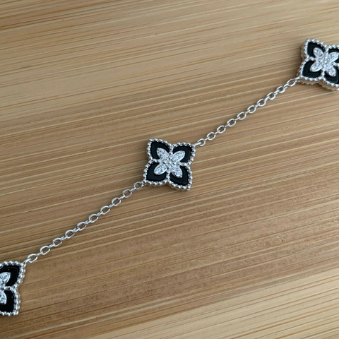 Pulseira Inspiração 3 Trevos Cravejados Onix Prata 925