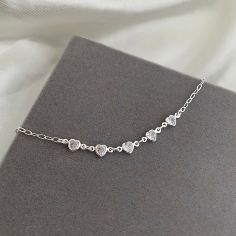 Pulseira Zircônias Corações Fixos Prata 925