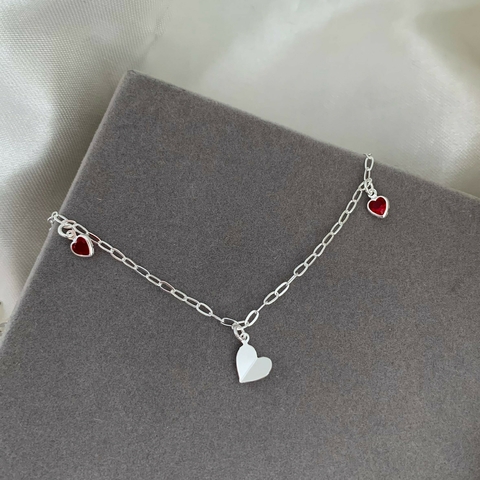 Pulseira Coração Com Zircônia Vermelha Prata 925