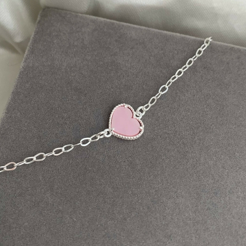 Pulseira Coração Resina Rosa Prata 925