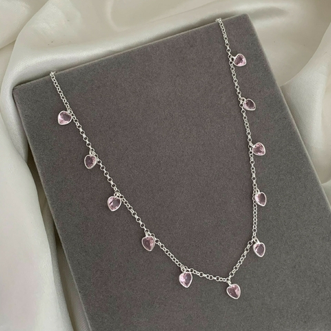 Choker Zircônia Corações Rosa Prata 925