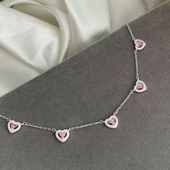 Choker Luxo Corações Shine Pink Prata 925