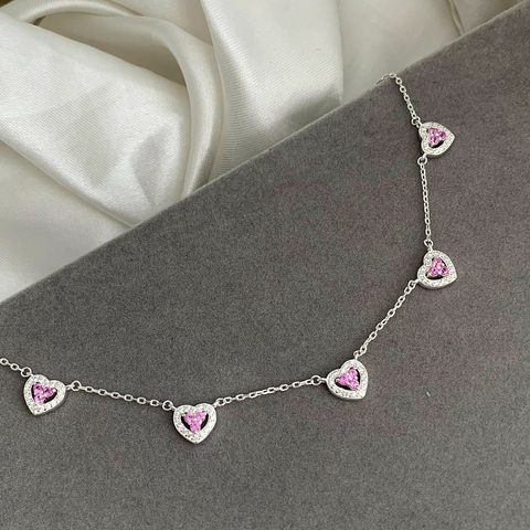 Choker Luxo Corações Shine Pink Prata 925