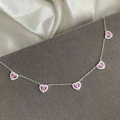 Choker Luxo Corações Shine Pink Prata 925