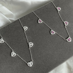 Choker Luxo Corações Shine Pink Prata 925 - Âncora Pratas Atacado!