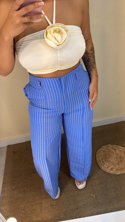 Calça pantalona listras azul