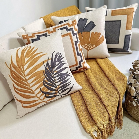 kit 4 Capas de Almofadas Linho Broderie Mostarda e Grafite - comprar online