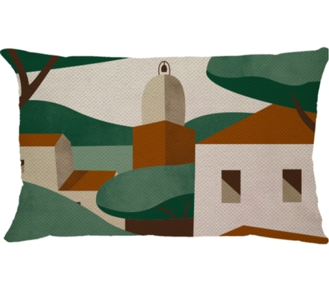 Capa de Almofada Retangular em Linho Aldeia/Capela Verde e Terracota
