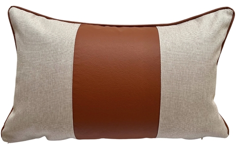 Capa de Almofada Retangular Linho e Corino Faixa Terracota