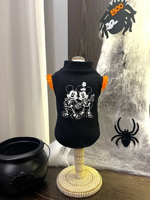Camiseta Regatinha Babado Esqueleto Mickey e Minnie para cachorro e gato
