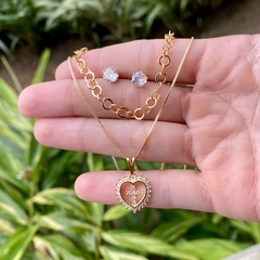 Conjunto Corrente Dupla Choker Elos Colar Coração e Cruz Cravejados - tlkstore