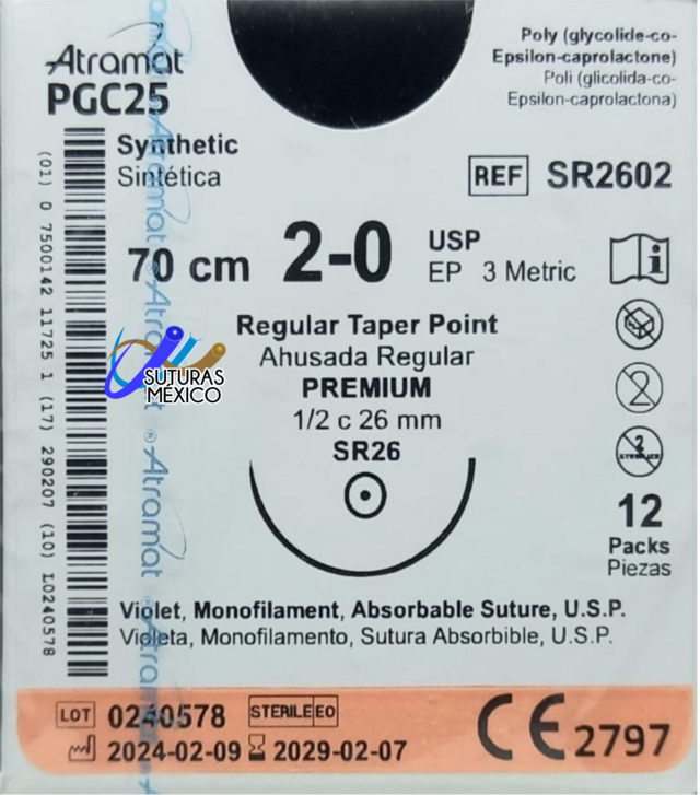 PGC25 2-0 (Monocryl) Aguja Ahusada de 26 mm Hebra 70 CM PGC25 2-0 (Monocryl) Aguja Ahusada de 26 mm Hebra 70 CM