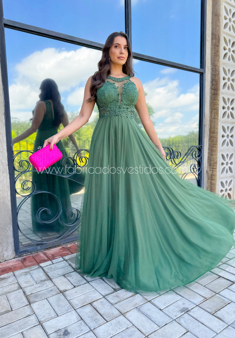 VESTIDO DE FESTA RENDA COM BRILHO PÉROLAS SAIA EM TULE ROMA - comprar online