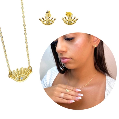 Colar brinco Olho grego ponto de luz semijoias banhada a ouro