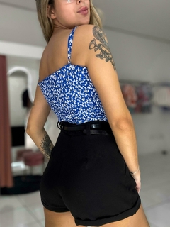 Blusinha cropped elastex - azul bic florido - Amanda Closet Store