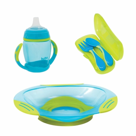 Kit Buba Pratinho Fun + Kit Talheres + Copo 250ml Azul Neon
