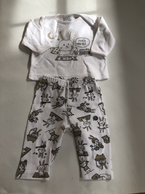 0/1M | Conjunto remera ML + pantalón algodón blanco con dibujos. GRISINO. 0 a 1 mes.