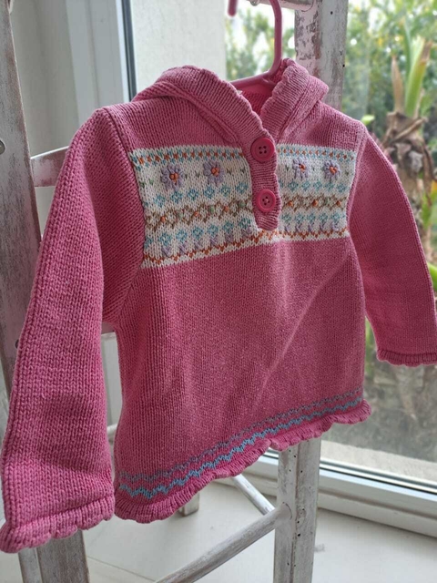 2A | OUTLET - Sweater rosa hilo grueso c guarda de flores y capucha - OSHKOSH -Talle 2 años