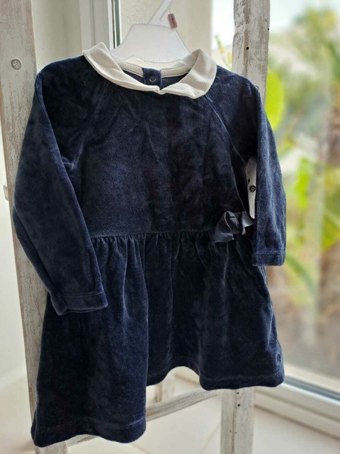 12M | Vestido ML de pana azul c cuello blanco - PETIT BATEU - Talle 12 meses
