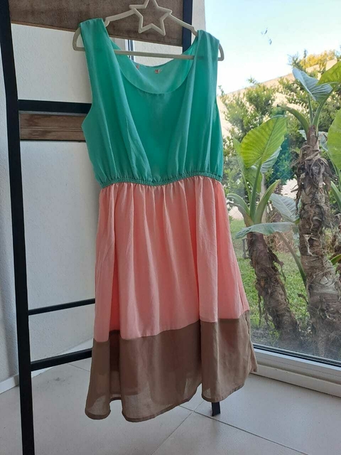 Vestido SM asa tricolor rosa, verde agua y marrón, forrado - Talle S/M