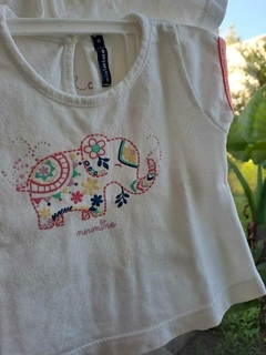 Set X 4 . Tres remeras SM blancas c estampas elefante,flores, mariposa + short blanco - MIMO/CHEEKY - Talle 3 a 6 meses - comprar online