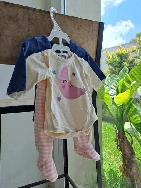 RN | Set x 3: body natural c luna rosa+body ML azul c pajarito amarillo+ranita toalla a rayas rosa y blanco-OWOKO - Talle 0