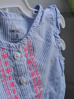 Imagen de 3M | Set: camisa SM a rayas celeste y blanca guardas rosas y volados+pantalón elastizado c flores turquesa y rosa - CARTERS -Talle 3 meses