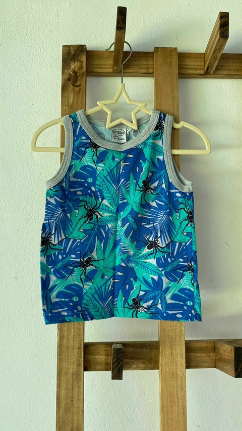 2/3A | Remera musculosa azul y verde con estampa de arañas y hojas. GRISINO. 2/3 años.