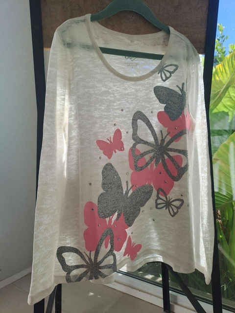 8A | Remera ML blanca c mariposas en gris y rosa brillante- JUSTICE - Talle 8 años