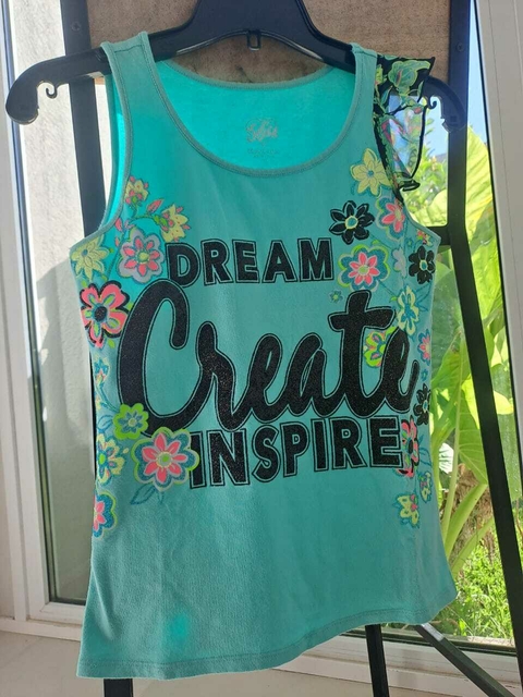 14A | Remera musculosa turquesa c letras negras y flores, aplique de volado - JUSTICE - Talle 14 años