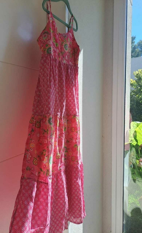 14A | Vestido largo rosa c flores y guardas , breteles y volado - MIMO - Talle 14 años