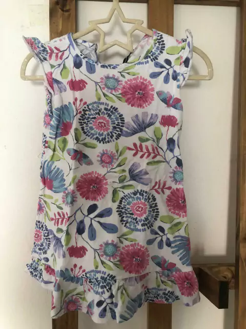 Vestido de algodón MC con flores azules y rosas. MIMO. 3 años.
