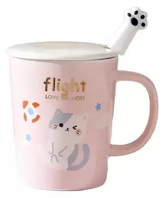 Taza De Ceramica Kawaii Gatito Con Tapa Y Cucharita - Anantrade- My shop Kawaiii