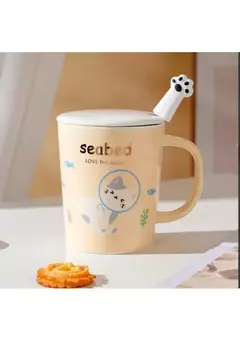 Taza De Ceramica Kawaii Gatito Con Tapa Y Cucharita en internet