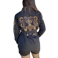 Jaqueta Parka Jeans Lançamento Preta Country Bordada na internet