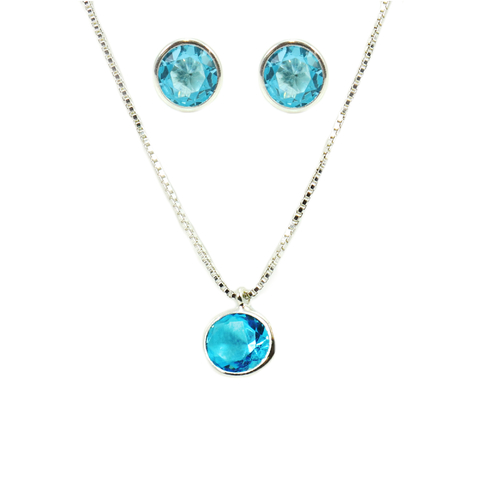 Conj.colar Brinco Ponto Luz Zirconia Azul 5mm Prata 925